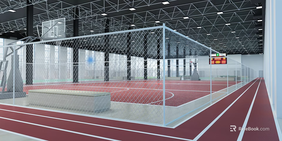 Basketball Gym Interior With Fencing Scoreboard Red Floor Large Windows And Ceiling Lights 3d model 