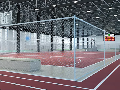 Basketball Gym Interior With Fencing Scoreboard Red Floor Large Windows And Ceiling Lights 3d model