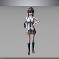 3D Anime School Girl Character With Long Hair White Blouse Blue Plaid Skirt Green Socks