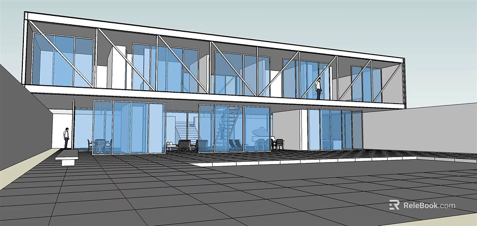 Modern Detached Villa With Large Glass Windows Two Story Design Outdoor Patio Square Paved Ground 3d model 