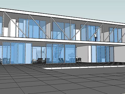 Modern Detached Villa With Large Glass Windows Two Story Design Outdoor Patio Square Paved Ground 3d model
