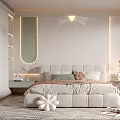 Elegant Modern Bedroom Interior With White Bed Round Mirror Rug And Soft Lighting