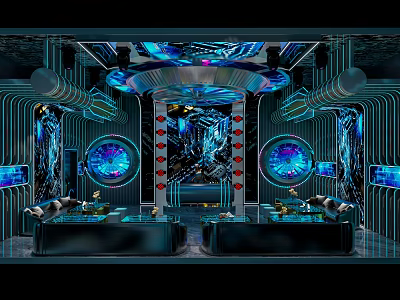 Futuristic KTV Lounge Interior With Neon Lights LED Screens And Comfortable Seating 3d model