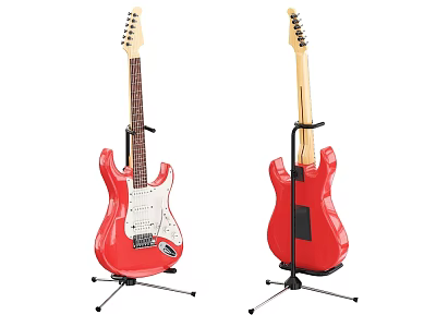 Red Electric Guitars on Black Stands Front and Back Display View 3d model