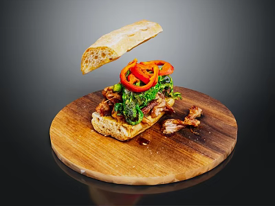 Fresh Artisan Sandwich With Red Bell Peppers Fresh Greens And Sliced Meat On Wooden Board 3d model
