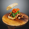 Fresh Artisan Sandwich With Red Bell Peppers Fresh Greens And Sliced Meat On Wooden Board