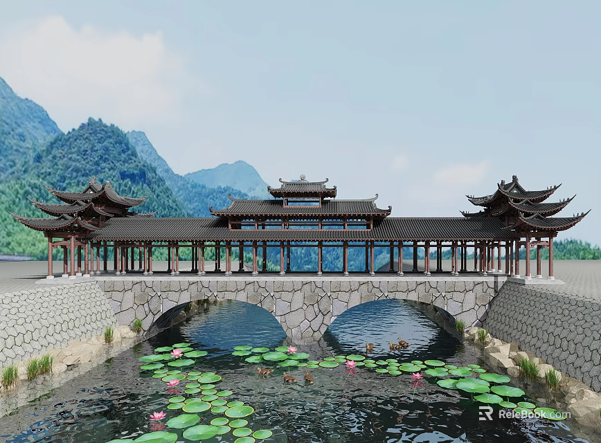 Traditional Chinese Stone Arch Bridge With Pavilions Over Water Featuring Lotus Leaves And Mountain Backdrop 3d model 