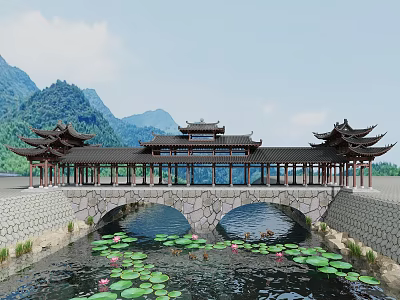 Traditional Chinese Stone Arch Bridge With Pavilions Over Water Featuring Lotus Leaves And Mountain Backdrop 3d model
