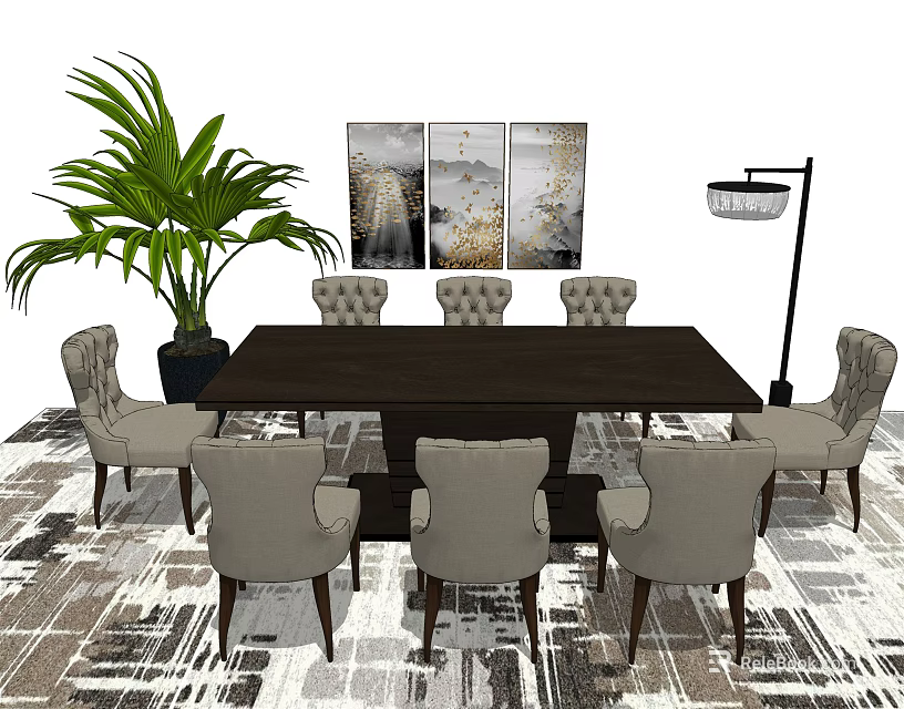 Elegant Dark Wooden Dining Table Set With Upholstered Chairs Palm Plant Wall Art And Lamp 3d model 