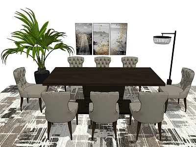 Elegant Dark Wooden Dining Table Set With Upholstered Chairs Palm Plant Wall Art And Lamp 3d model