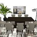 Elegant Dark Wooden Dining Table Set With Upholstered Chairs Palm Plant Wall Art And Lamp