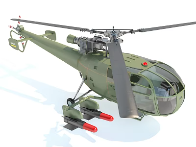 Green Military Helicopter With Rotors And Red Missiles On White Background 3d model