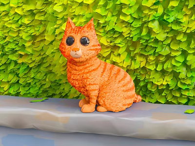 Orange Cat Doll With Big Eyes Sitting On Table Against Green Leaf Wall 3d model