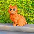Orange Cat Doll With Big Eyes Sitting On Table Against Green Leaf Wall