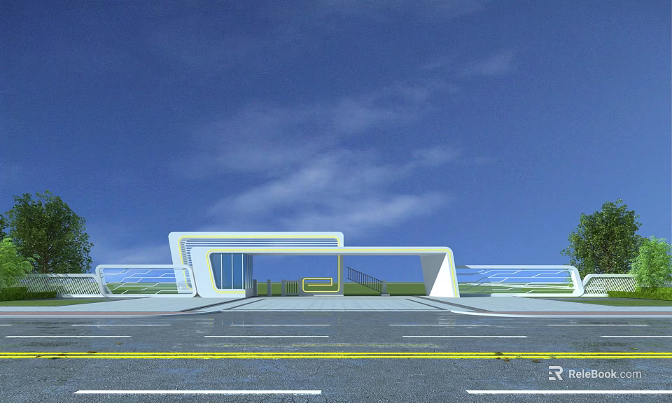 Modern Entrance Gate with Glass Structure and Trees Under Blue Sky 3d model 