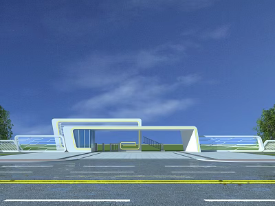 Modern Entrance Gate with Glass Structure and Trees Under Blue Sky 3d model