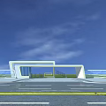 Modern Entrance Gate with Glass Structure and Trees Under Blue Sky