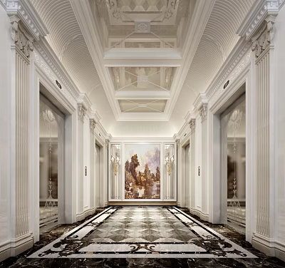 Elegant Elevator Lobby With White Columns Intricate Ceiling Marble Floor And Large Painting 3d model