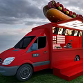 Red REMET Food Truck With Hot Dog Roof Black Windows Steps Mobile Service In Grass