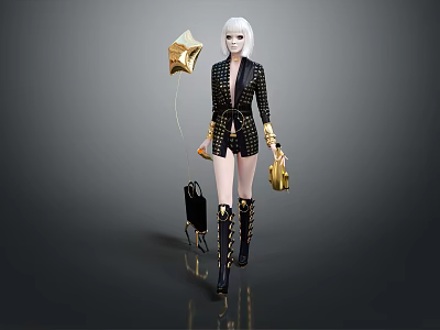 White Haired Woman In Black Gold Plaid Outfit With Gold Balloon Handbag And Black Puppy 3d model