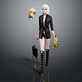 White Haired Woman In Black Gold Plaid Outfit With Gold Balloon Handbag And Black Puppy
