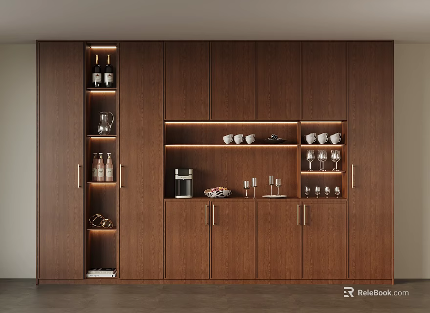 Modern Wooden Wine Cabinet Interior Design With Bottles Glasses And Coffee Machine 3d model 
