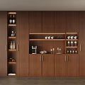 Modern Wooden Wine Cabinet Interior Design With Bottles Glasses And Coffee Machine