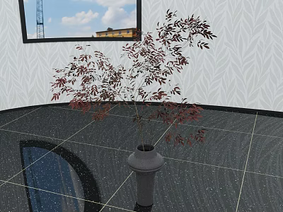Bonsai Plant With Dark Leaves In Gray Vase Indoor White Patterned Wall Black Tiled Floor 3d model