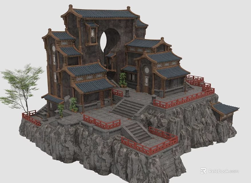 Ancient Chinese Architecture on Rocky Cliff Featuring Sloped Roofs Red Railings Stone Steps and Trees 3d model 