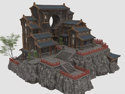 Ancient Chinese Architecture on Rocky Cliff Featuring Sloped Roofs Red Railings Stone Steps and Trees 3d model