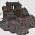 Ancient Chinese Architecture on Rocky Cliff Featuring Sloped Roofs Red Railings Stone Steps and Trees