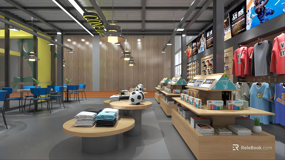 Modern Sports Store Interior With Wooden Walls Round Display Tables Soccer Balls And Folded Clothes 3d model 