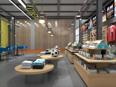 Modern Sports Store Interior With Wooden Walls Round Display Tables Soccer Balls And Folded Clothes 3d model