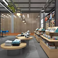 Modern Sports Store Interior With Wooden Walls Round Display Tables Soccer Balls And Folded Clothes