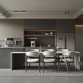 Modern Restaurant Interior With Dining Table Chairs Island Counter And Lighting
