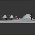 Cartoon Snowy Scene with Small Red Roof Houses Snowy Mountain Red Trees and Ice Patch