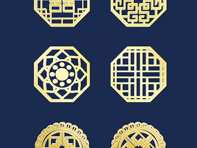 Traditional Chinese Golden Lattice Patterns With Intricate Designs On Blue Background 3d model
