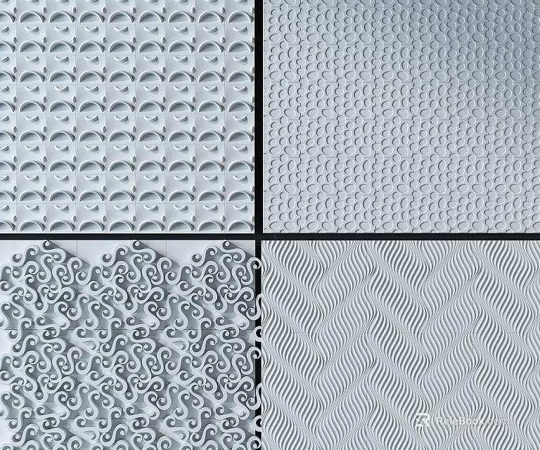 Wall With Four Different Textured Tiles Featuring Circular Dots Swirls And Waves 3d model 