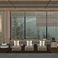 Japanese Tea Room Interior With Wooden Ceiling Bamboo Blinds Large Windows And Mountain View