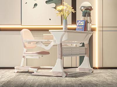 Kids Pink Chair and White Desk Set with Wheels Books and Yellow Flower Vase 3d model