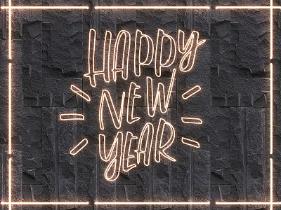 Neon Lighting Combination with Happy New Year Text Square Frame and Dark Stone Wall Background 3d model