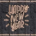 Neon Lighting Combination with Happy New Year Text Square Frame and Dark Stone Wall Background