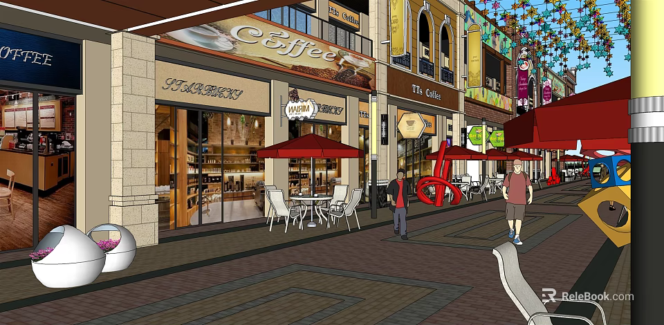 Vibrant Commercial Street with Coffee Shop Bakery Titan Cafe Outdoor Seating Red Umbrellas and Pedestrians 3d model 