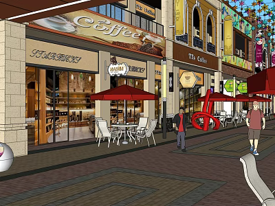 Vibrant Commercial Street with Coffee Shop Bakery Titan Cafe Outdoor Seating Red Umbrellas and Pedestrians 3d model
