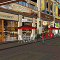 Vibrant Commercial Street with Coffee Shop Bakery Titan Cafe Outdoor Seating Red Umbrellas and Pedestrians