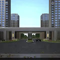 Modern Residential Entrance With High Rise Buildings Courtyard Parked Car And Pedestrians
