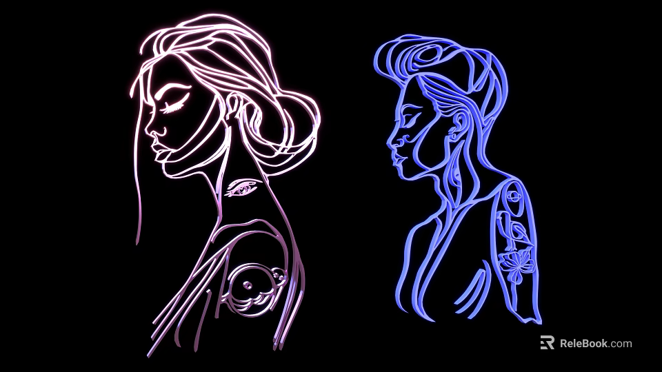 Two Women Neon Outlined Silhouettes With Stylish Tattoos On Black Background 3d model 