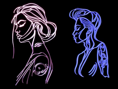 Two Women Neon Outlined Silhouettes With Stylish Tattoos On Black Background 3d model