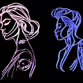 Two Women Neon Outlined Silhouettes With Stylish Tattoos On Black Background