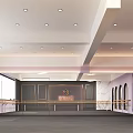 Dance School Studio With Arch Windows Ballet Barres Gray Flooring And Pink Dark Walls